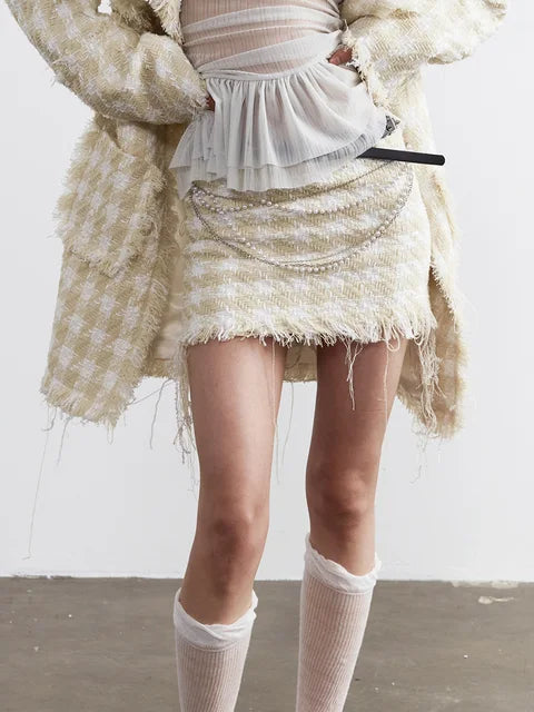 Memee Beige Tweed Mini Skirt With Belt Empire Waist Casual