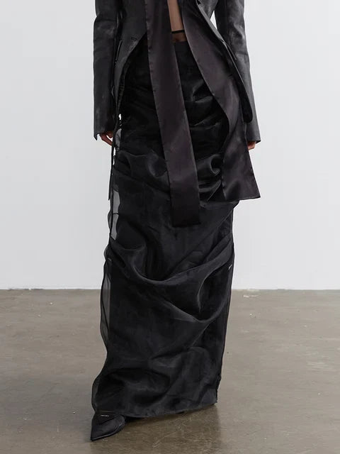 Nadje Long Layers Skirt Mesh Overlay Empire Waist Floor Length Black