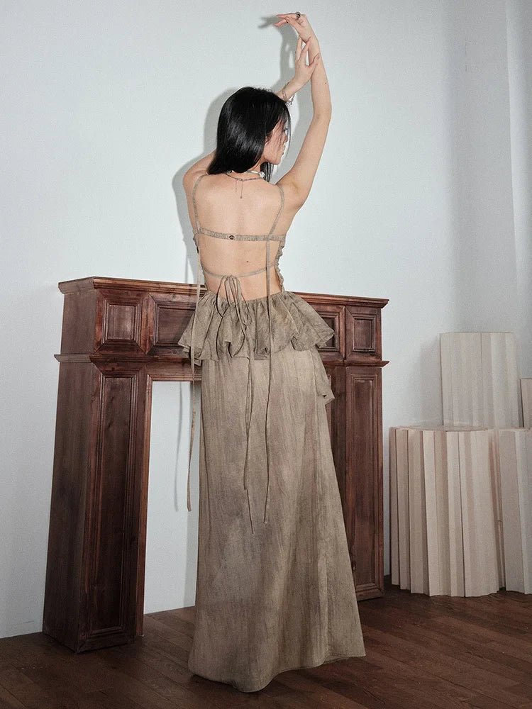 Khaki Tank And Skirt Set With Ruffle Peplum Top Ankle Length Cotton Polyester