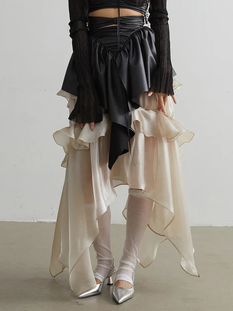 Saturn Ruffled Champagne Skirt With Empire Waist And Layered Asymmetrical Hem