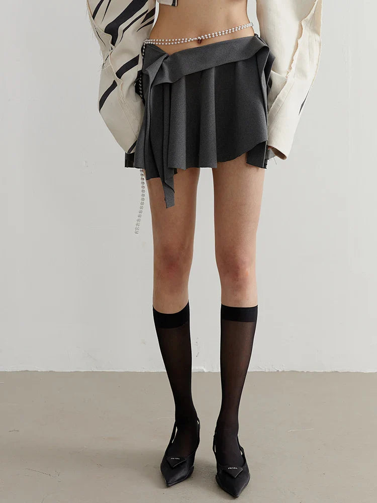 Sayua Ruffle Mini Skirt Empire Waist Above Knee Dark Gray Polyester