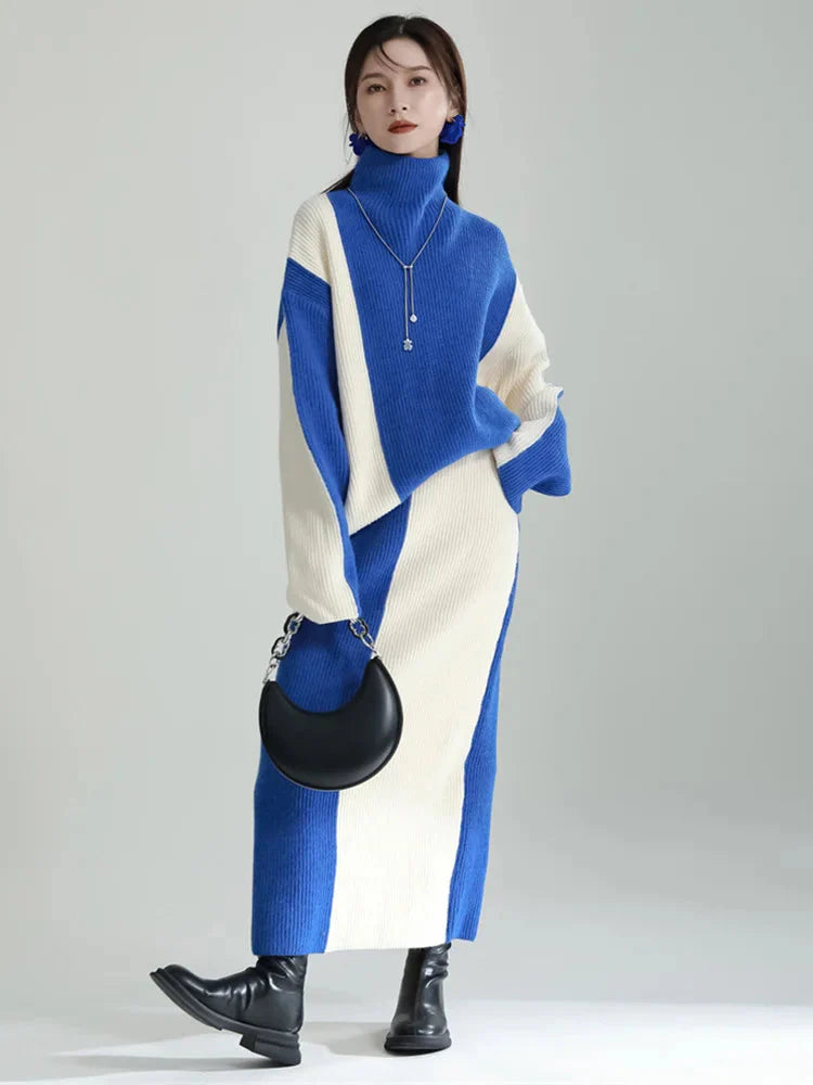 Kmessta Turtleneck Sweater Skirt Set Knit Midi Dress Black White Or Blue White