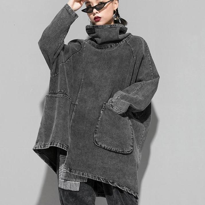 Reon Turtleneck Oversized Denim Sweatshirt Grey Casual Pullover