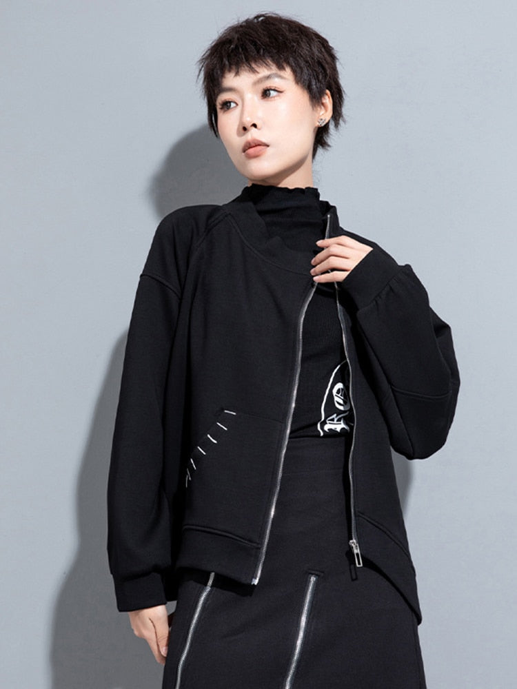 Black Cotton Zip Front Pockets Sweatshirt With O Neck Casual Style