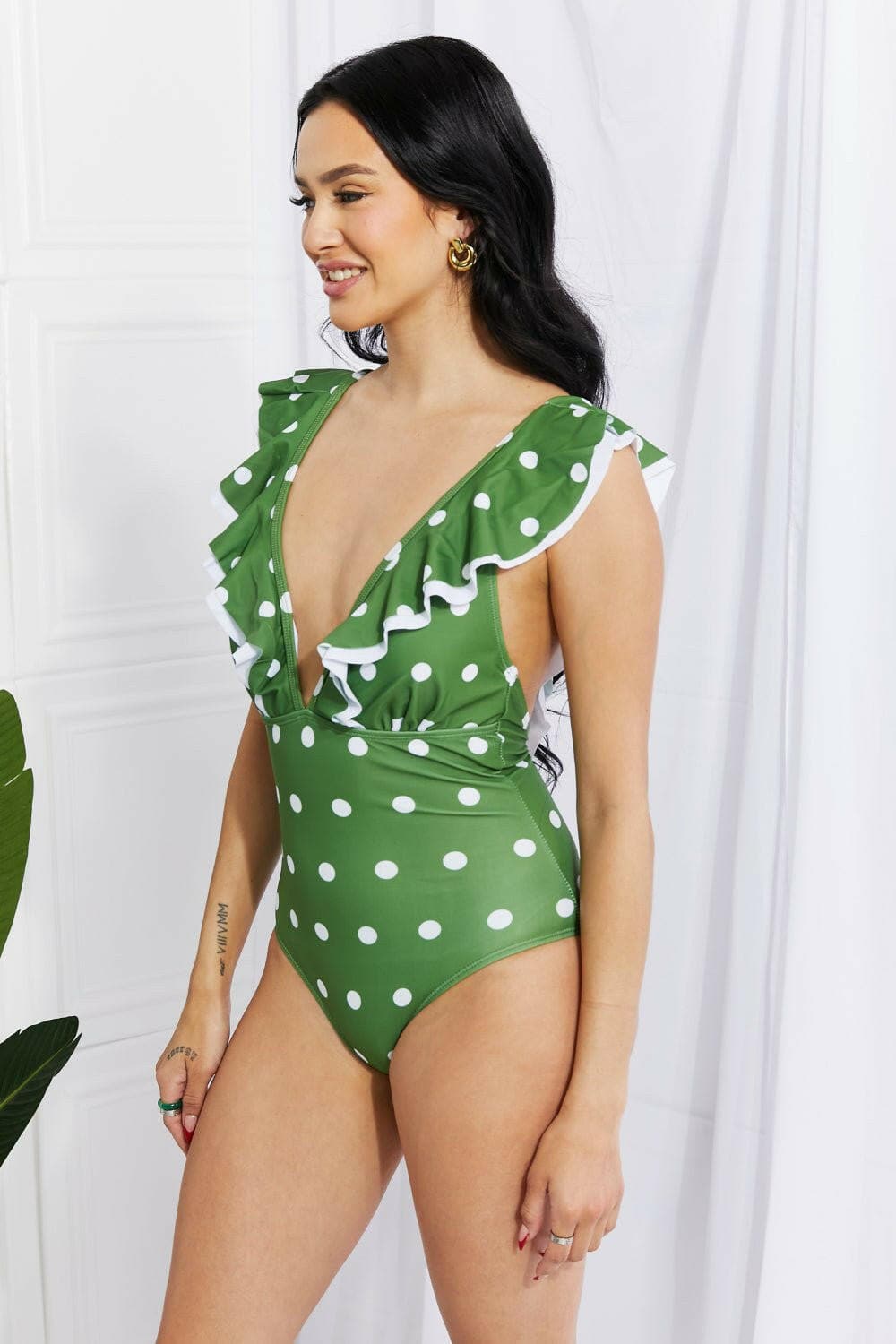 Marina West Swim Moonlit Dip Ruffle Plunge Swimsuit in Mid Green - Love Salve