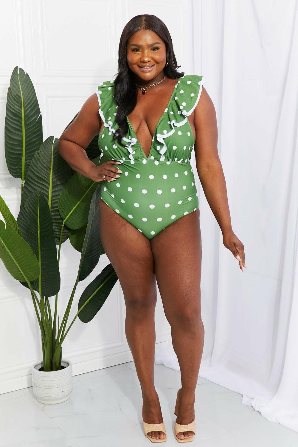 Marina West Swim Moonlit Dip Ruffle Plunge Swimsuit in Mid Green - Love Salve