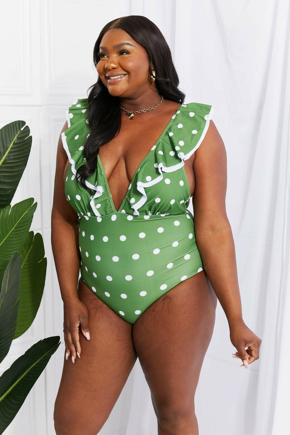 Marina West Swim Moonlit Dip Ruffle Plunge Swimsuit in Mid Green - Love Salve