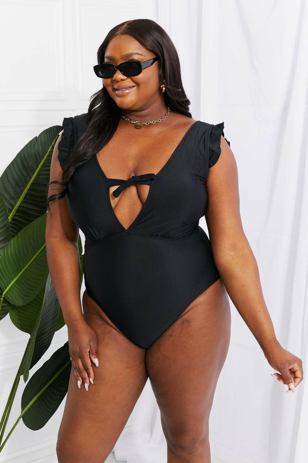 Marina West Swim Seashell Ruffle Sleeve One-Piece in Black - Love Salve