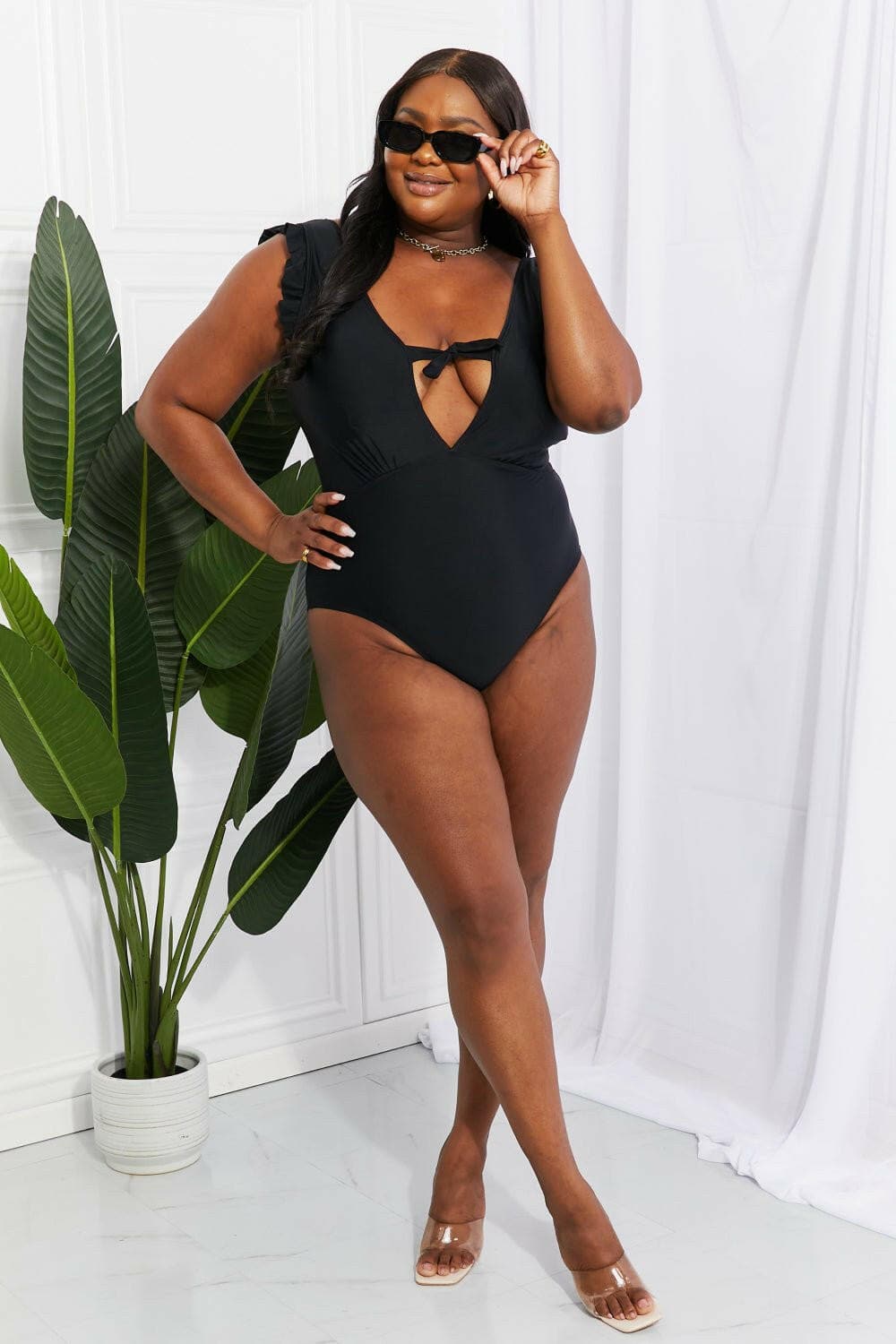 Marina West Swim Seashell Ruffle Sleeve One-Piece in Black - Love Salve