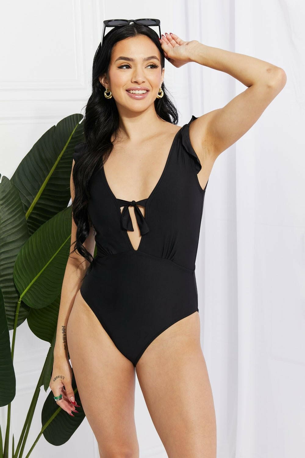 Marina West Swim Seashell Ruffle Sleeve One-Piece in Black - Love Salve