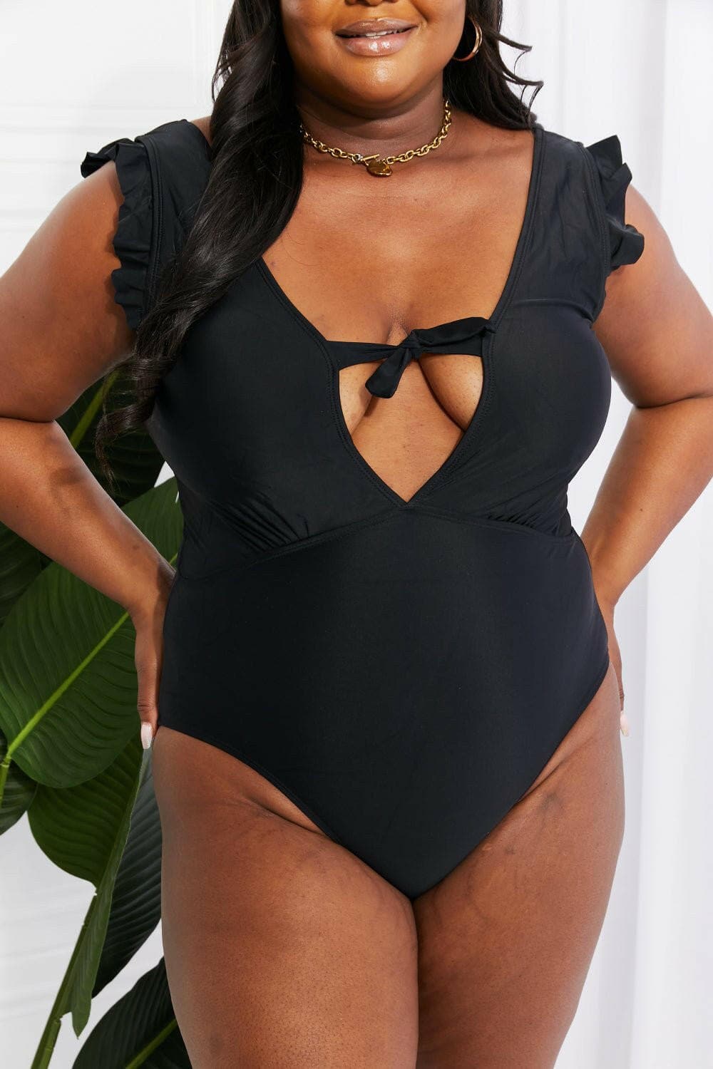 Marina West Swim Seashell Ruffle Sleeve One-Piece in Black - Love Salve