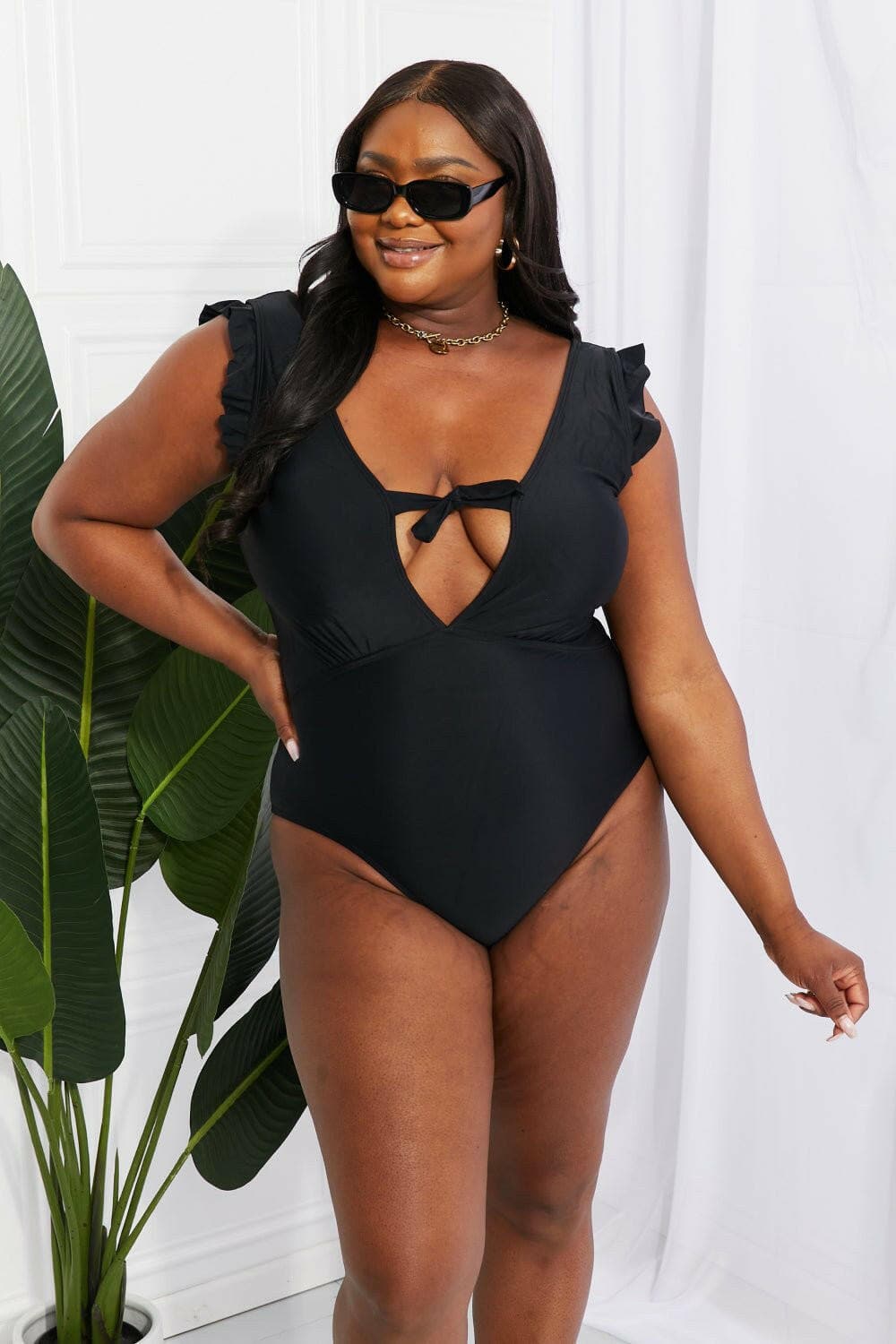 Marina West Swim Seashell Ruffle Sleeve One-Piece in Black - Love Salve