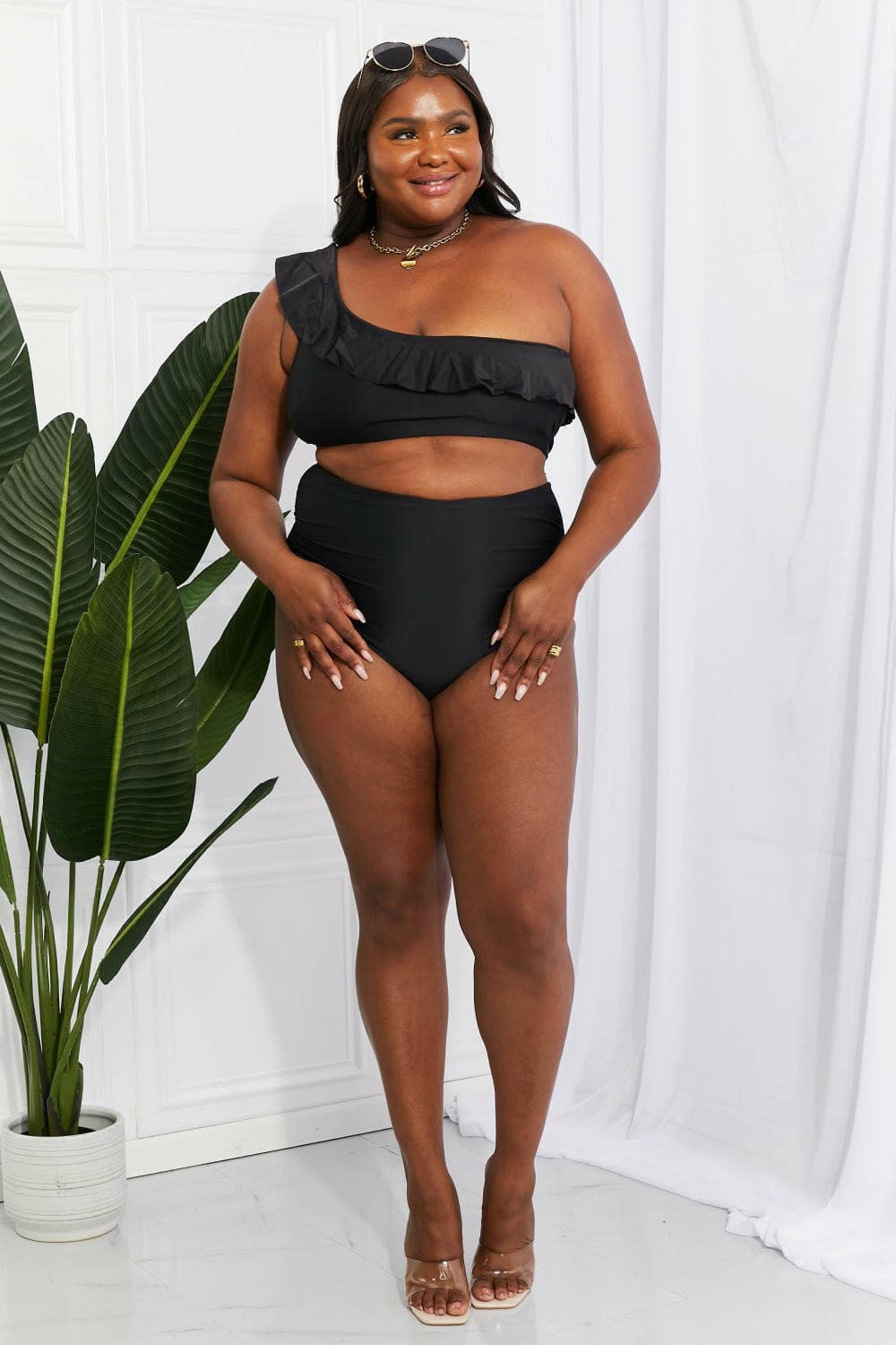 Seaside Serenade One-Shoulder Ruffle Bikini Set in Black by Marina WesExperience Elegance with the Seaside Serenade One-Shoulder Ruffle Bikini Set
 Step into a world of sophistication and style with the Seaside Serenade One-Shoulder RuLove Salve -Shoulder Ruffle Bikini Setswimwear