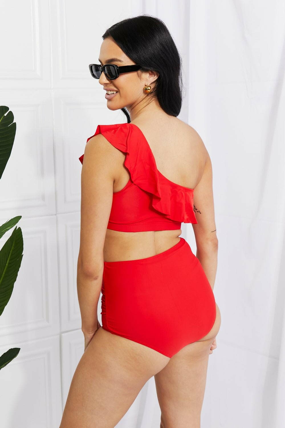 Marina West Swim Seaside Romance Ruffle One-Shoulder Bikini in Red - Love Salve