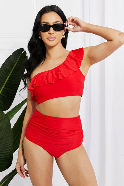 Marina West Swim Seaside Romance Ruffle One-Shoulder Bikini in Red - Love Salve