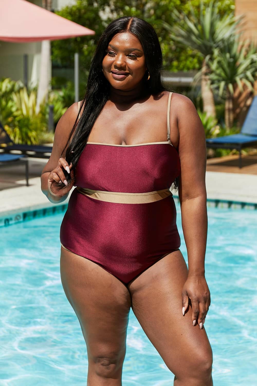 Marina West Swim Wave Break Contrast Trim One-Piece in Wine - Love Salve