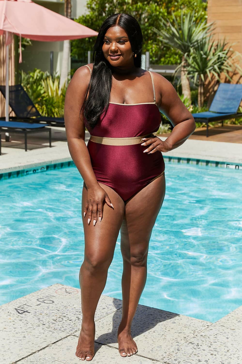 Marina West Swim Wave Break Contrast Trim One-Piece in Wine - Love Salve