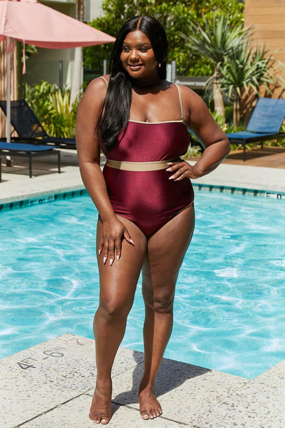 Marina West Swim Wave Break Contrast Trim One-Piece in Wine - Love Salve