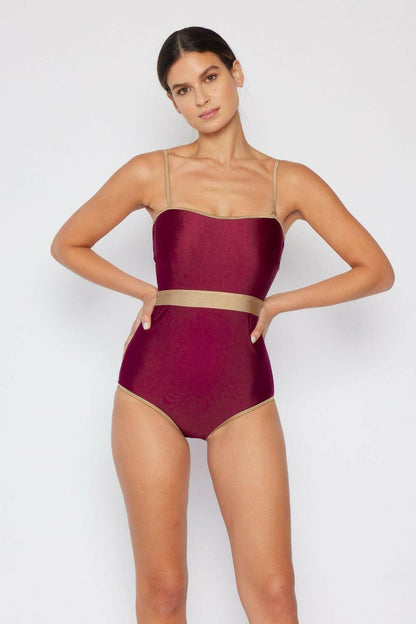 Marina West Swim Wave Break Contrast Trim One-Piece in Wine - Love Salve