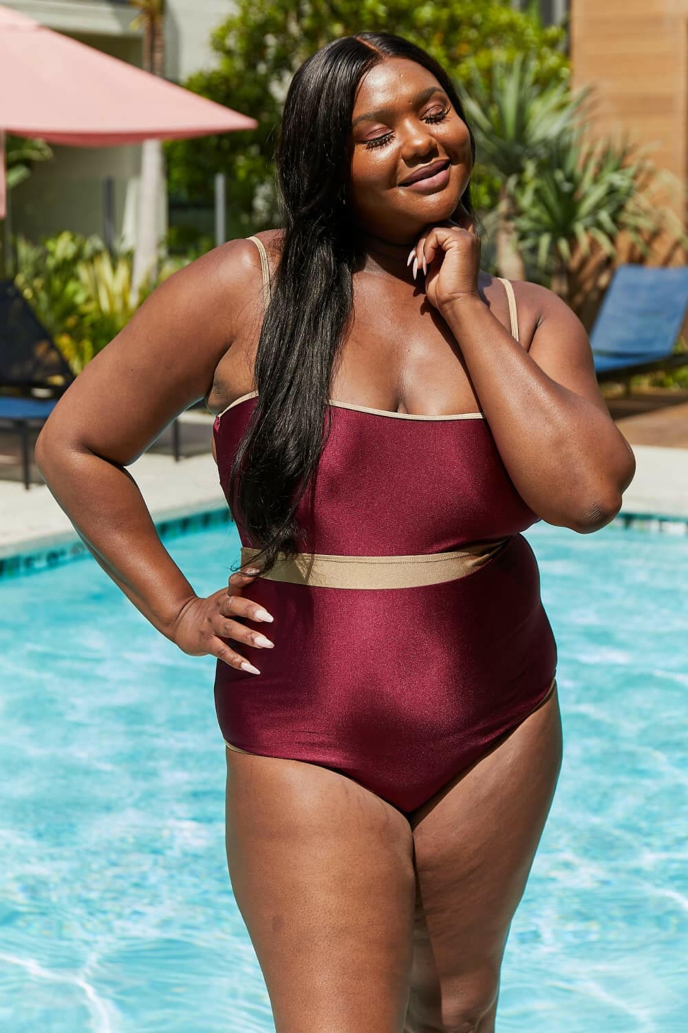 Marina West Swim Wave Break Contrast Trim One-Piece in Wine - Love Salve