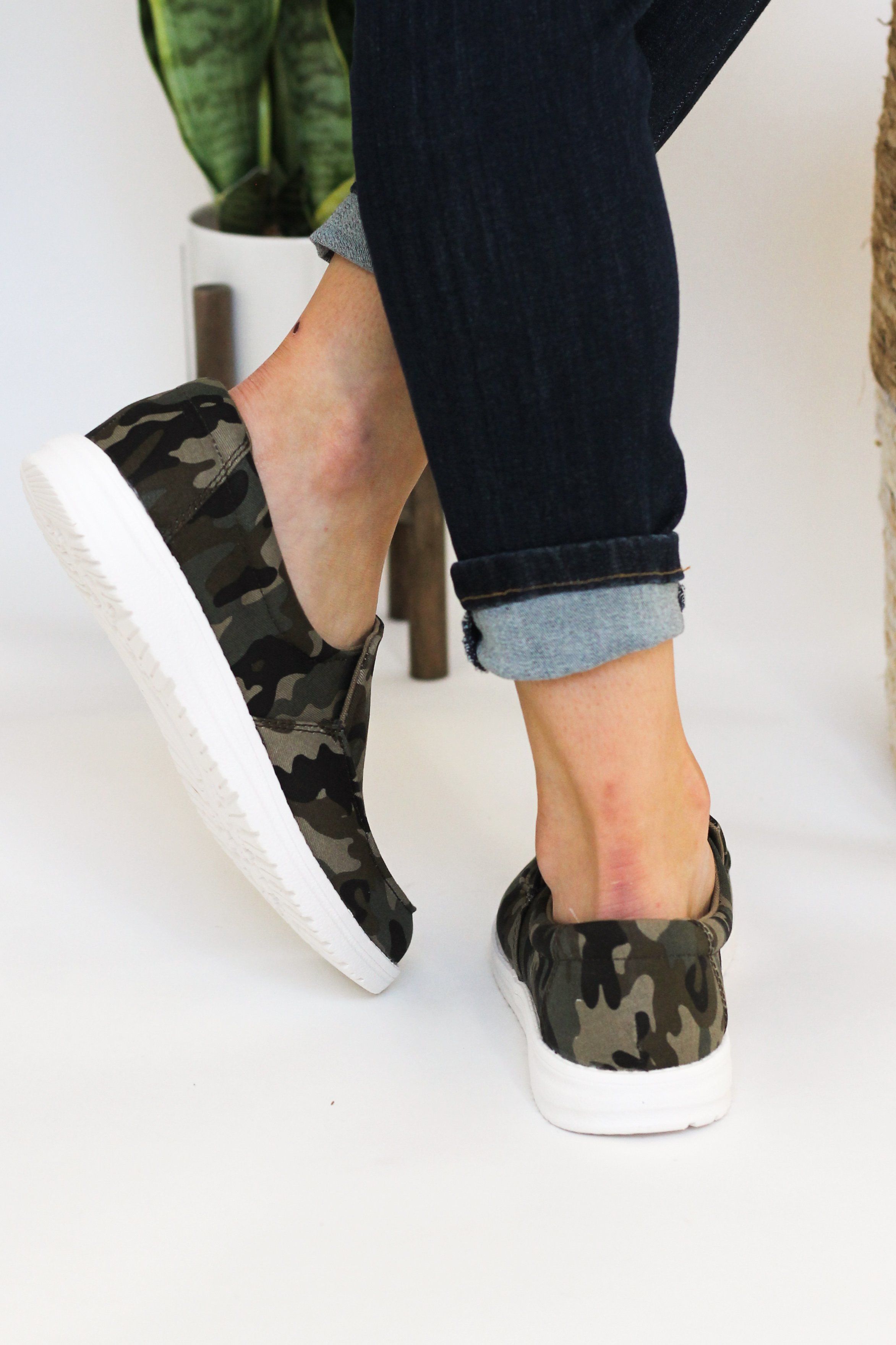 Maya Camo Sneakers Memory Foam Moc Toe Half Inch Heel Naughty Monkey