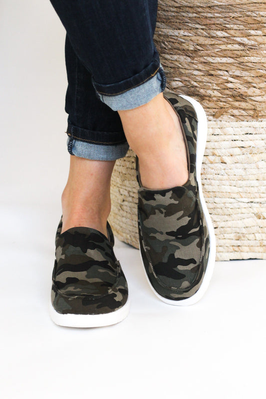 Maya Camo Sneakers Memory Foam Moc Toe Half Inch Heel Naughty Monkey