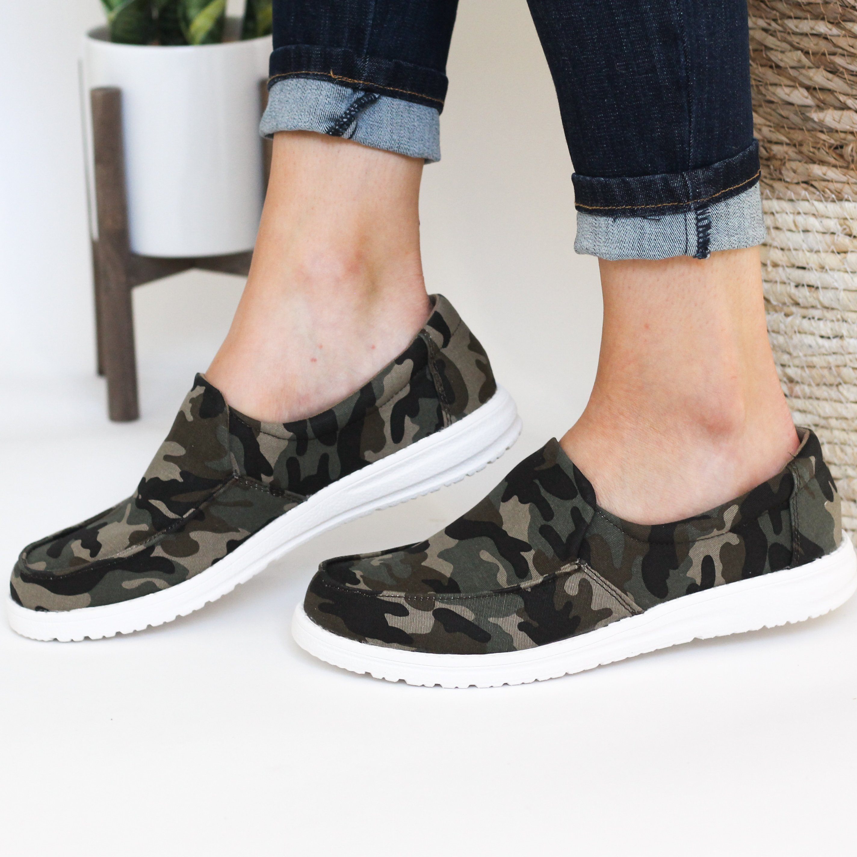 Maya Camo Sneakers Memory Foam Moc Toe Half Inch Heel Naughty Monkey