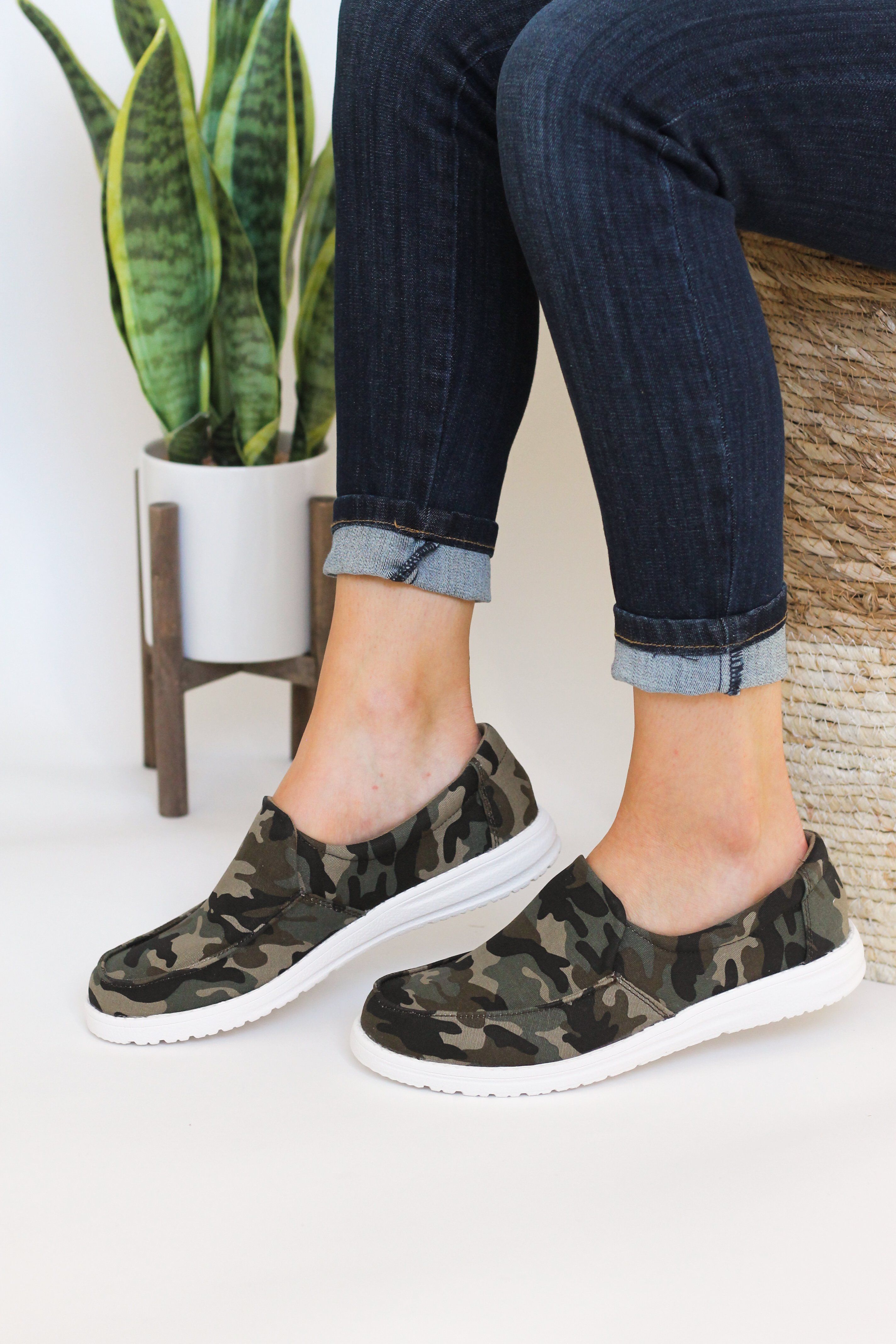 Maya Camo Sneakers Memory Foam Moc Toe Half Inch Heel Naughty Monkey