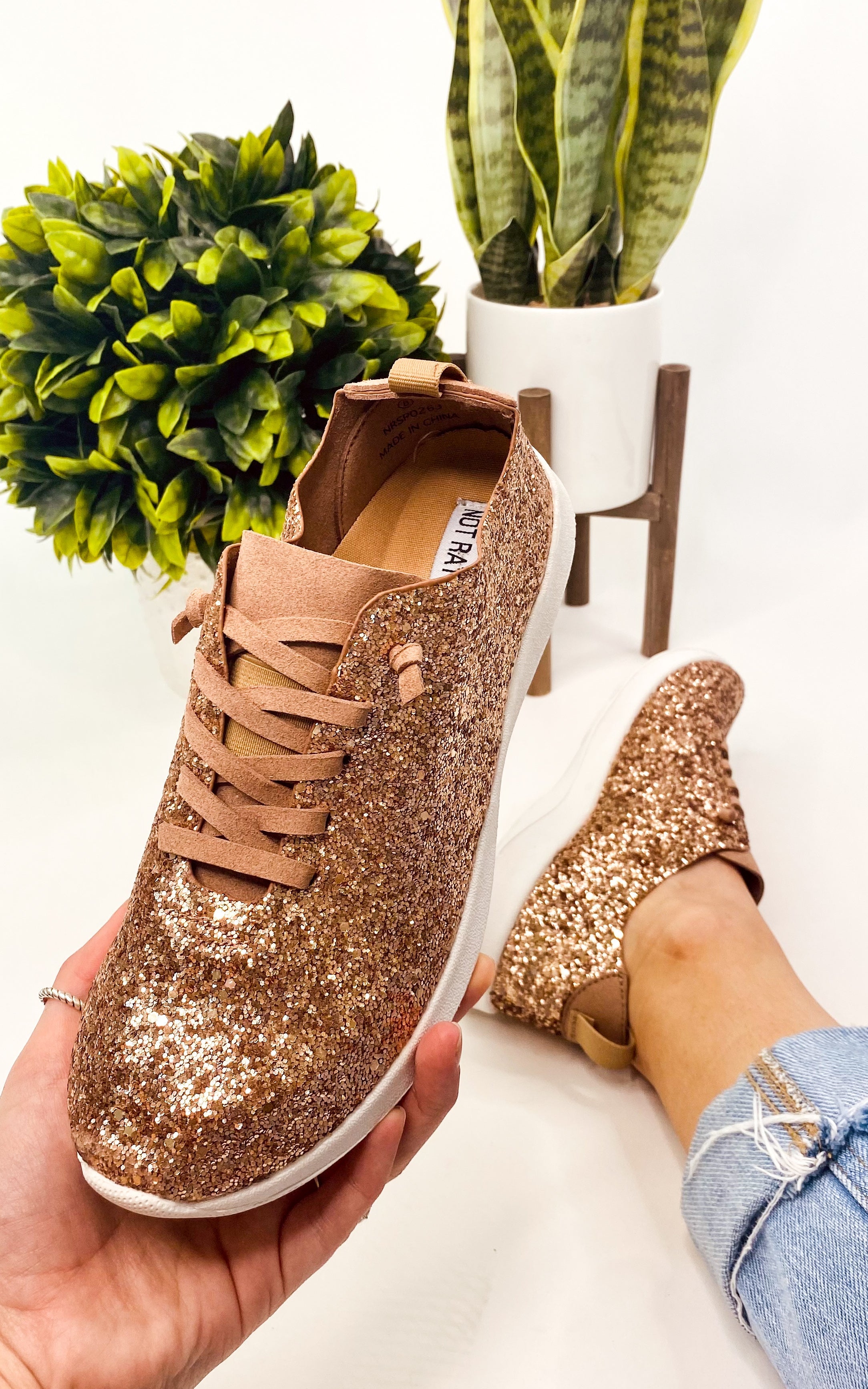 Mayo Glitter Sneaker Rose Gold Wide Fit Faux Leather Laces Naughty Monkey