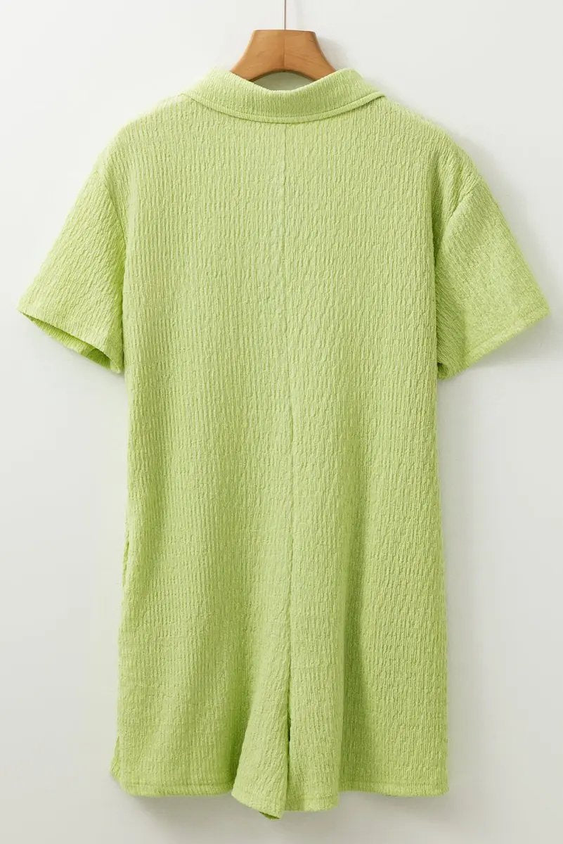 Meadow Mist Green Textured Short Sleeve Pocket Romper - Love Salve 