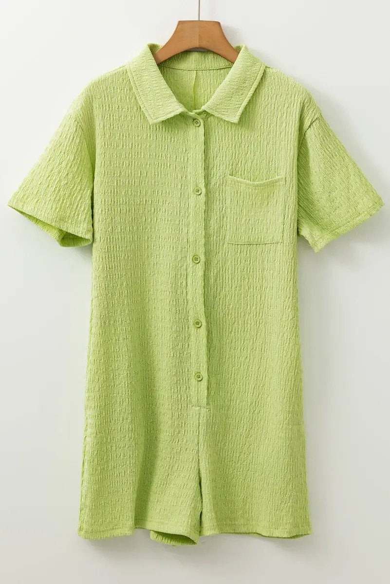 Meadow Mist Green Textured Short Sleeve Pocket Romper - Love Salve 