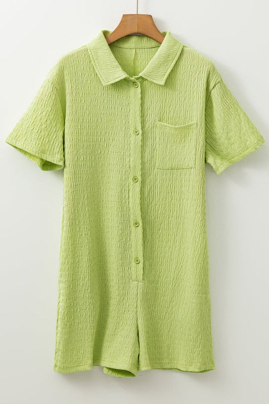 Meadow Mist Green Textured Short Sleeve Pocket Romper - Love Salve 