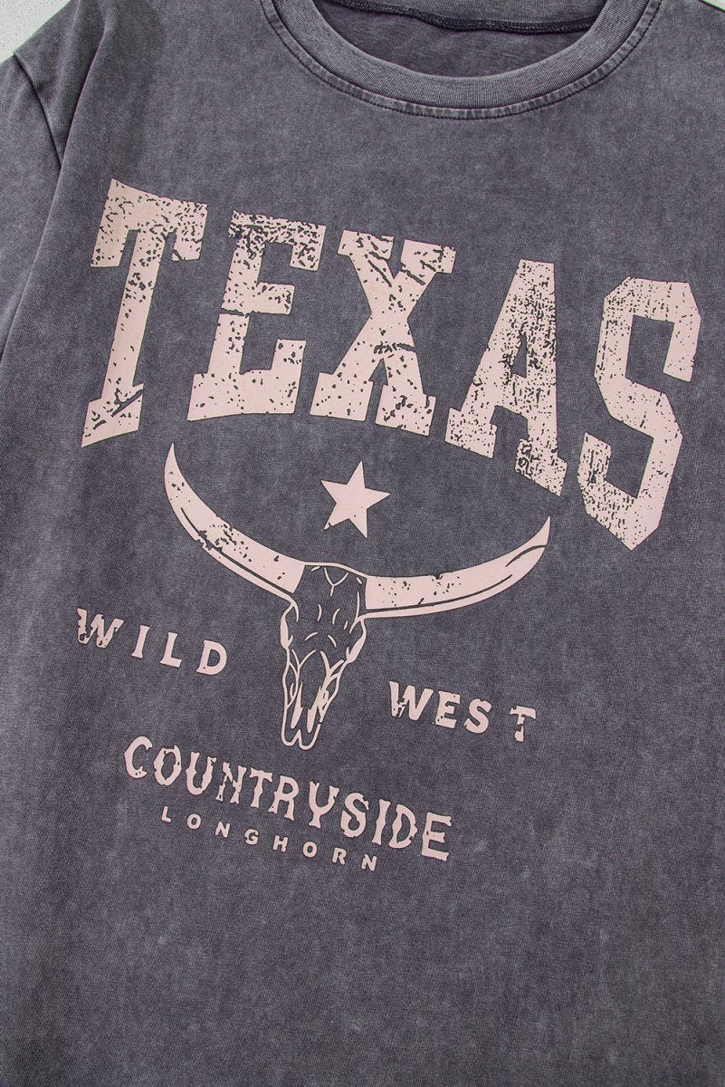 Medium Grey TEXAS Steer Head Graphic Mineral Wash T Shirt - Love Salve 