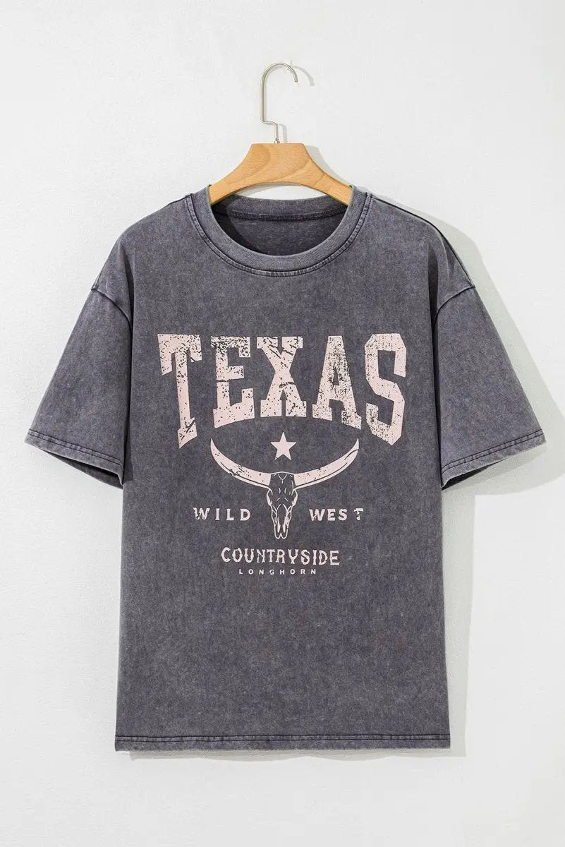 Medium Grey TEXAS Steer Head Graphic Mineral Wash T Shirt - Love Salve 