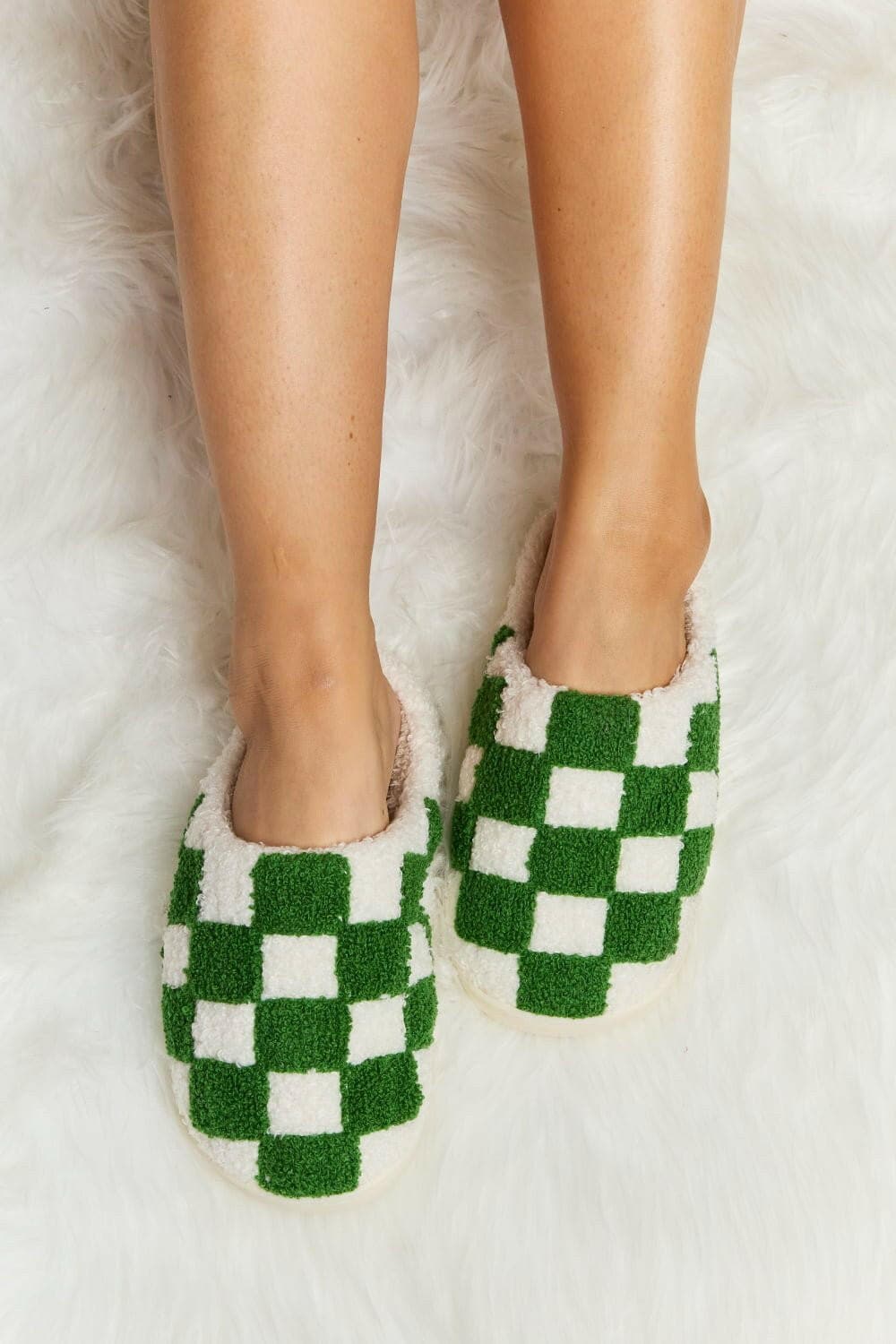 Melody Checkered Print Plush Slide Slippers - Love Salve