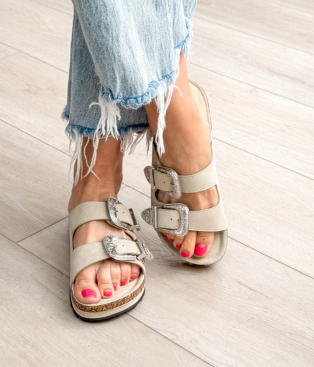 Mickie Cream Western Slides With Adjustable Buckle Straps Naughty Monkey