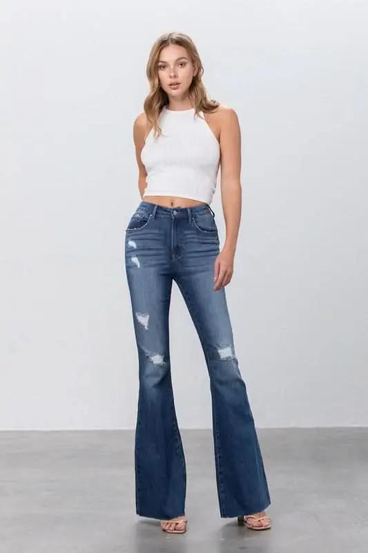 MID RISE DARK WASH FLARE JEANS - Love Salve 