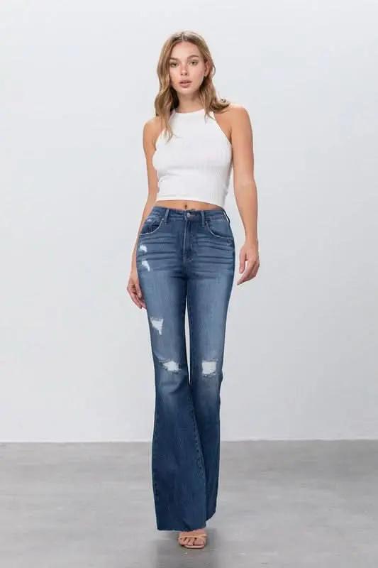 MID RISE DARK WASH FLARE JEANS - Love Salve 
