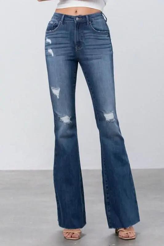 MID RISE DARK WASH FLARE JEANS - Love Salve 