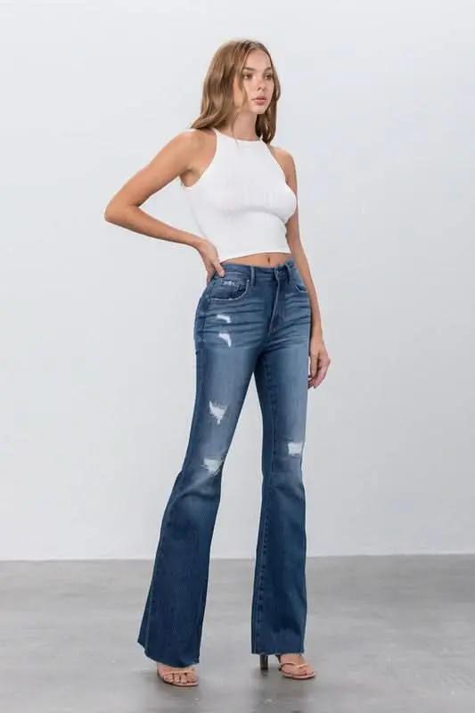 MID RISE DARK WASH FLARE JEANS - Love Salve 