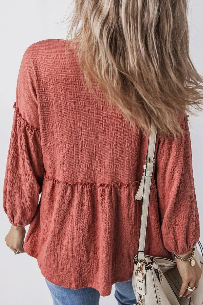 Mineral Red Solid Color Textured Frilled Trim V Neck Puff Sleeve Blouse - Love Salve 
