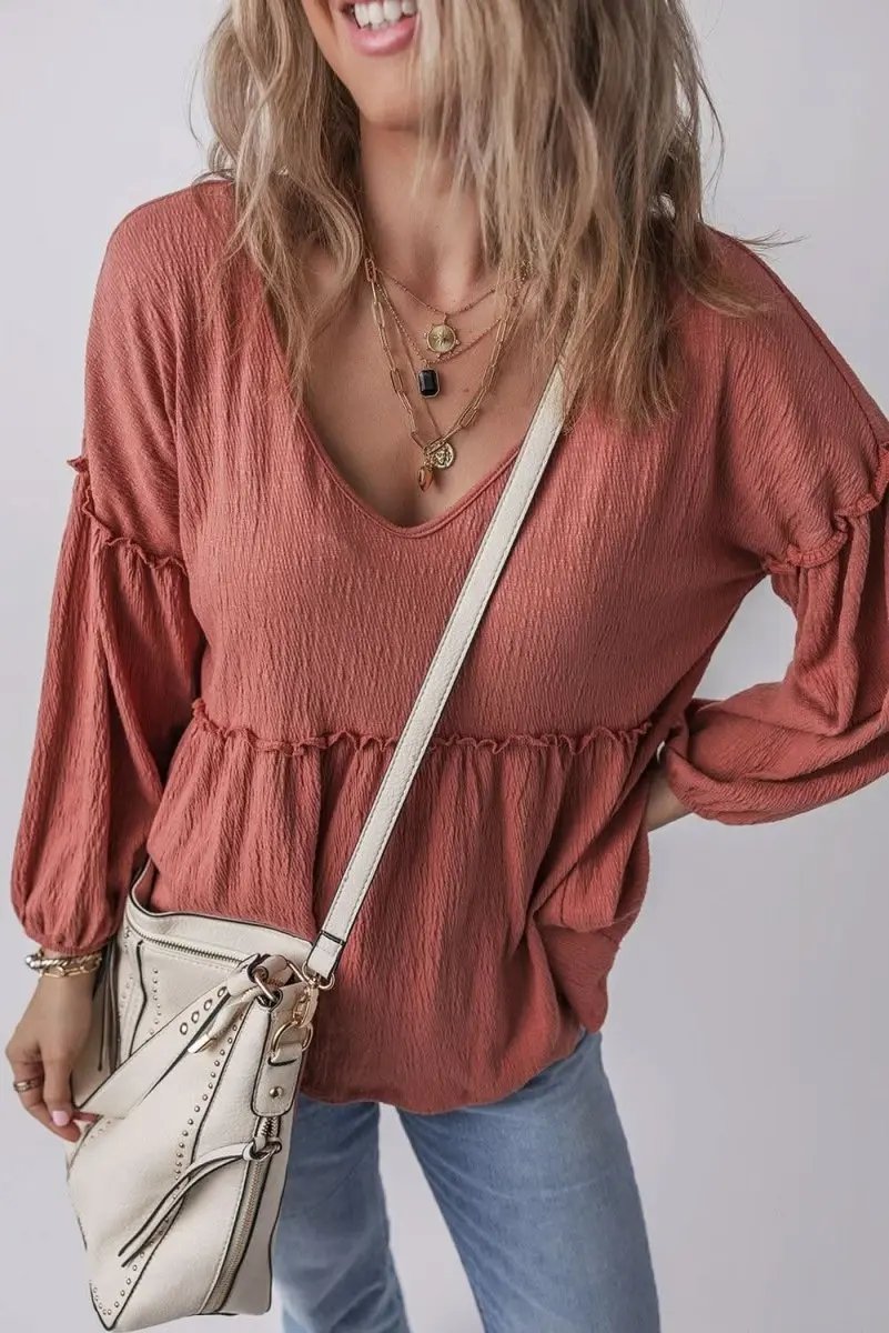 Mineral Red Solid Color Textured Frilled Trim V Neck Puff Sleeve Blouse - Love Salve 