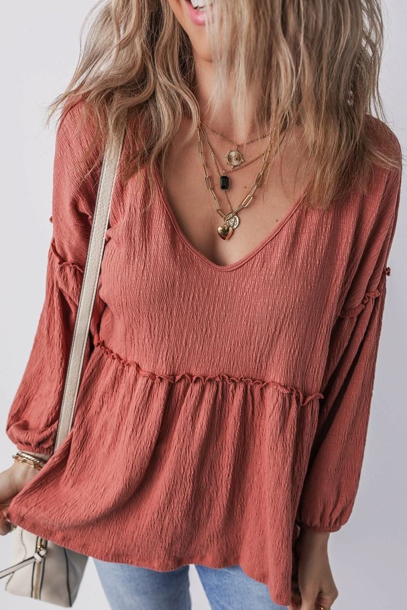 Mineral Red Solid Color Textured Frilled Trim V Neck Puff Sleeve Blouse - Love Salve 