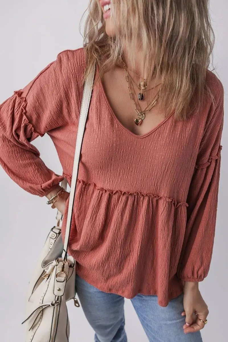 Mineral Red Solid Color Textured Frilled Trim V Neck Puff Sleeve Blouse - Love Salve 