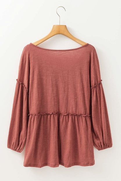 Mineral Red Solid Color Textured Frilled Trim V Neck Puff Sleeve Blouse - Love Salve 