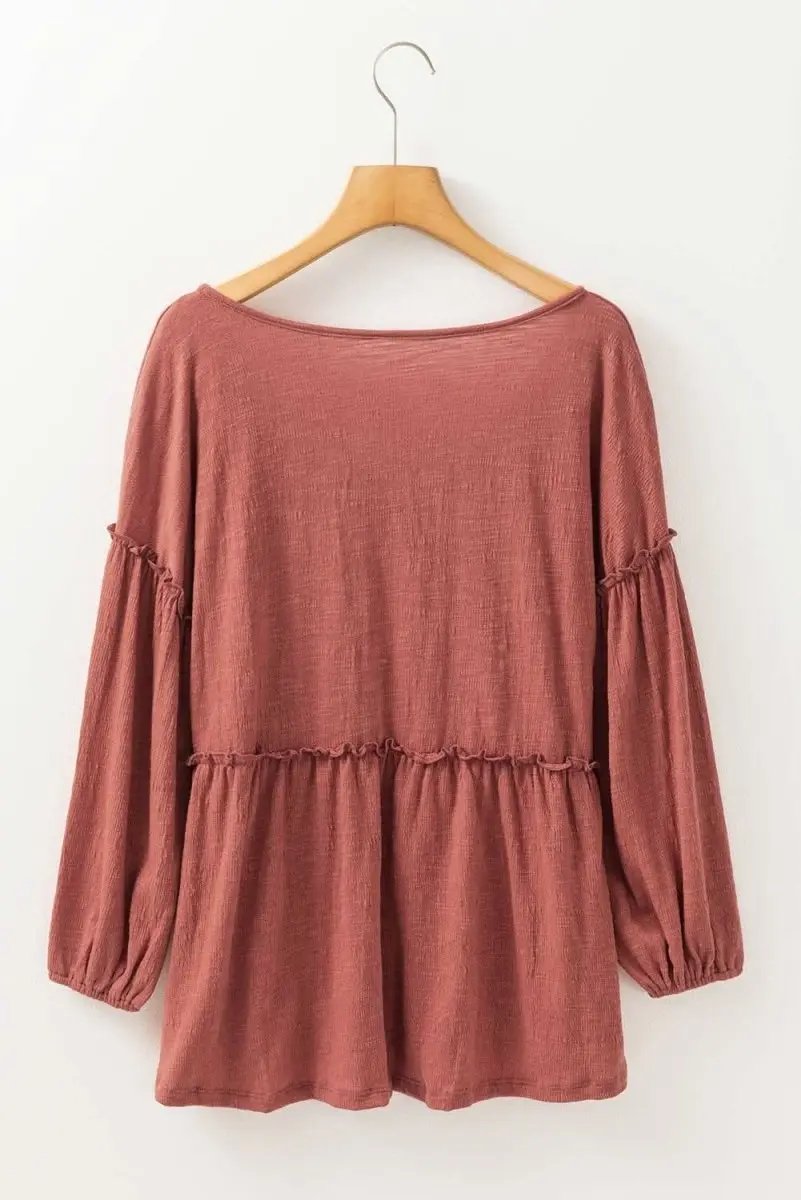 Mineral Red Solid Color Textured Frilled Trim V Neck Puff Sleeve Blouse - Love Salve 