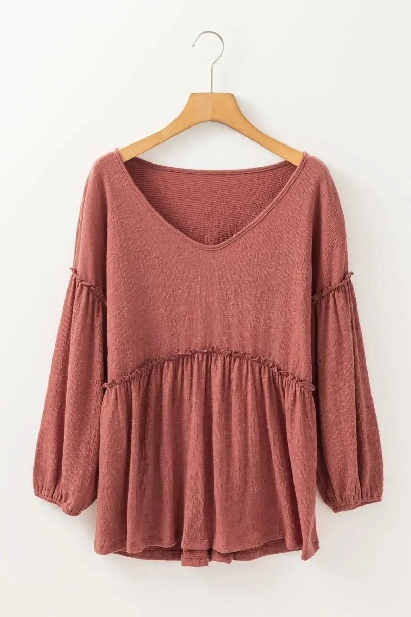 Mineral Red Solid Color Textured Frilled Trim V Neck Puff Sleeve Blouse - Love Salve 