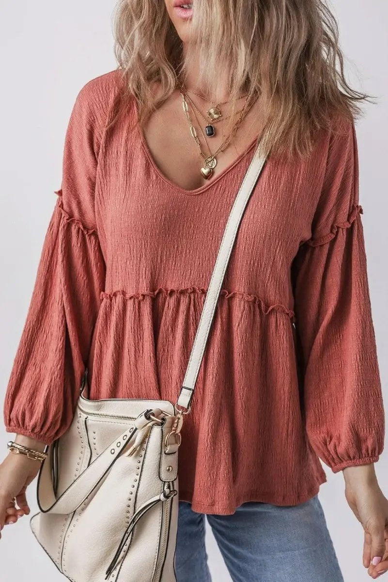 Mineral Red Solid Color Textured Frilled Trim V Neck Puff Sleeve Blouse - Love Salve 