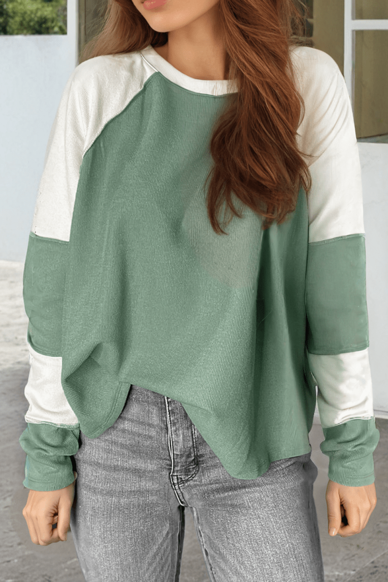 Mint Green Ribbed Colorblock Patchwork Raglan Long Sleeve Top - Love Salve