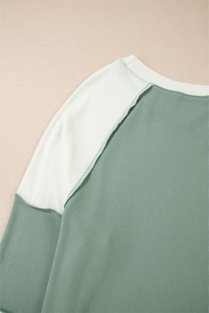 Mint Green Ribbed Colorblock Patchwork Raglan Long Sleeve Top - Love Salve